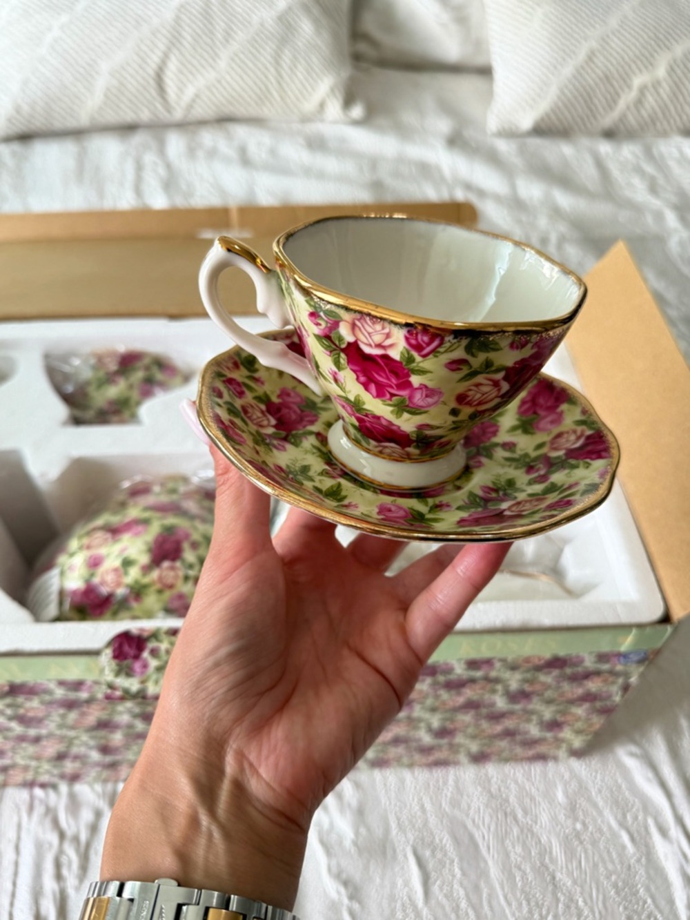 Floral Rose Bone China Teacup & Saucer with Gold Trim